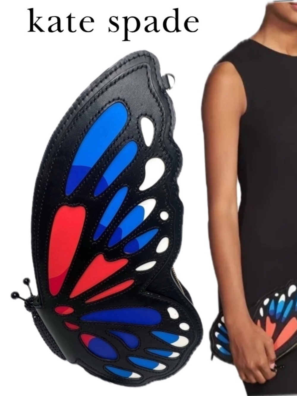 Kate Spade Monarch Butterfly Clutch Black Leather Novelty Rare Bag Purse Sequin